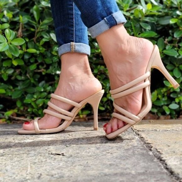 Nude Square Toe Padded Strappy Heel Sandals - Picture 2 of 7